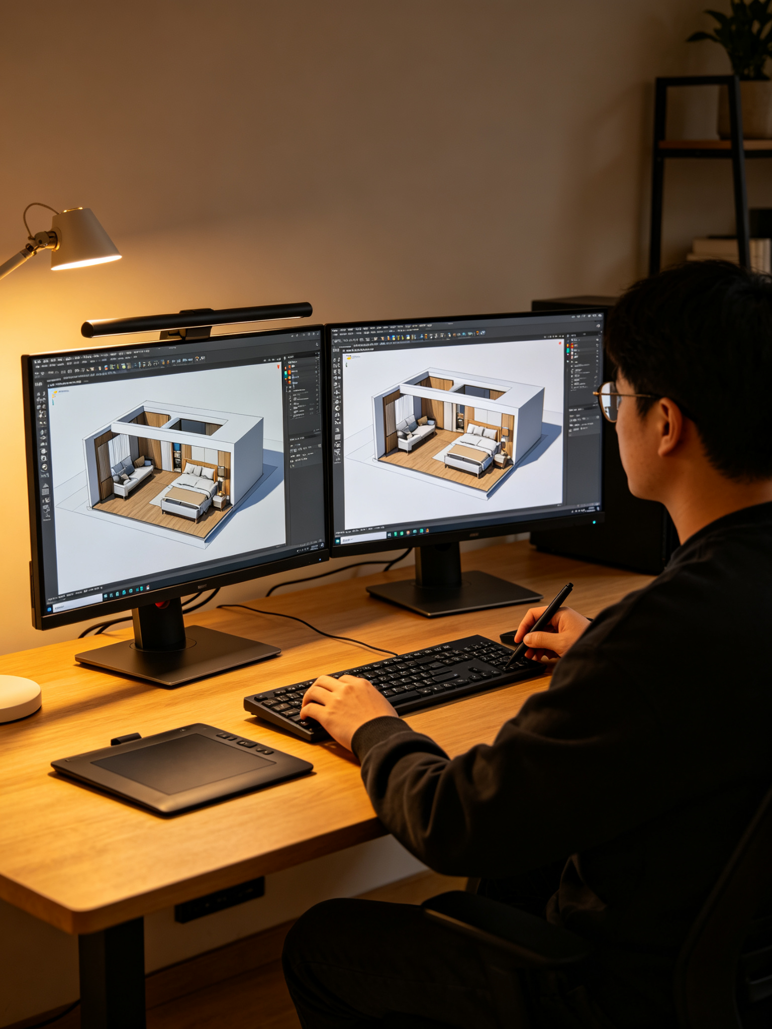 3D可视化设计师在双显示器工作站前制作效果图